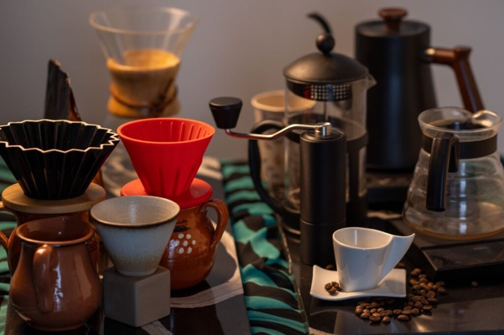 coffee tools including pour over, french press
