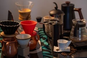 coffee tools including pour over, french press